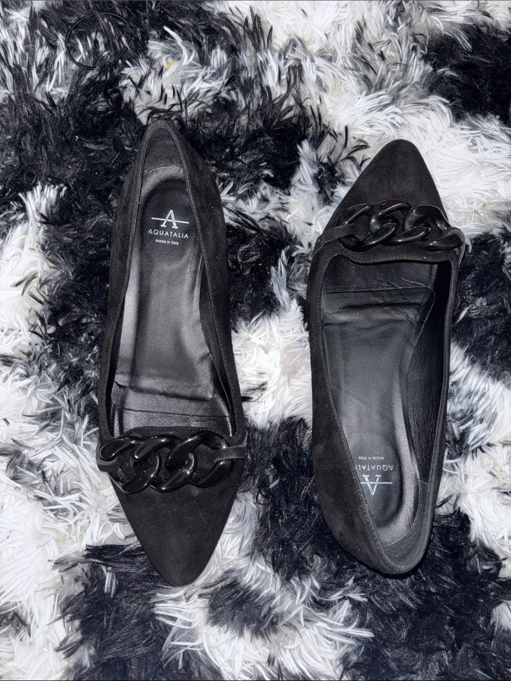 Aquatalia Black Pointed Chain-Detail Suede Flats